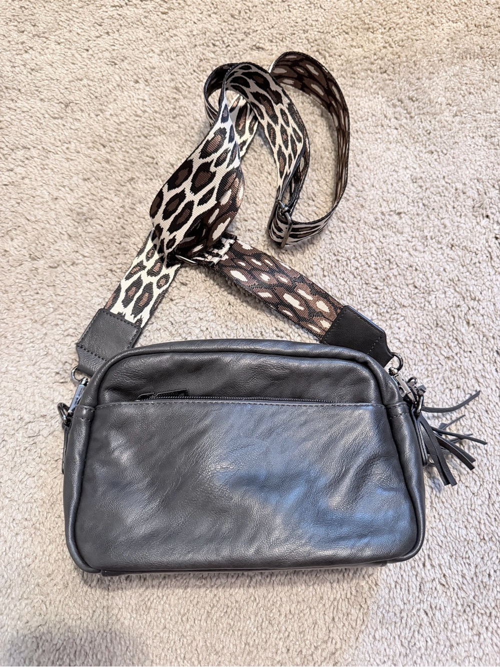 Amazon Black Crossbody Bag with Leopard-Print Strap